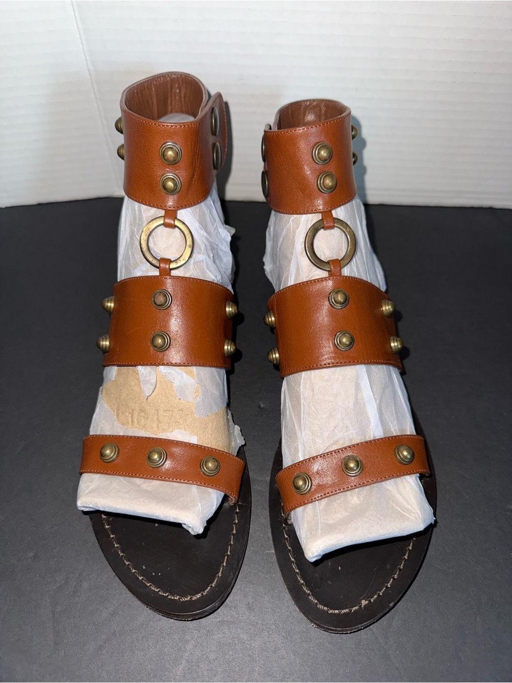 DELMAN Marla Brown Studded Leather Ankle Cuff Strap Gladiator Sandal 6.5 B ITALY